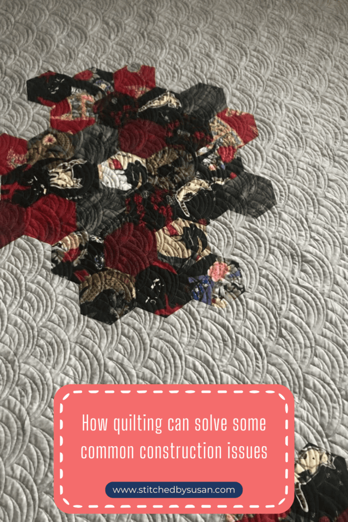 The quilting texture on this hexagon quilt is created by a fan design.   The fan quilting design adapts to your quilt by adjusting where your seams fall in the quilting designs.