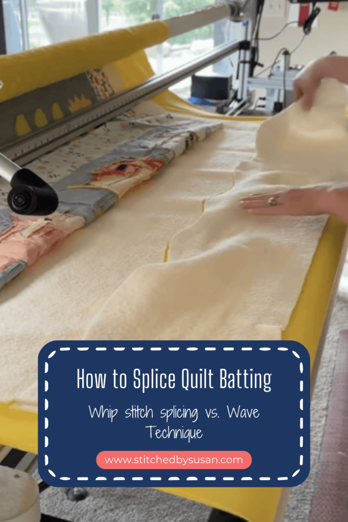 Learn about two techniques on how to splice batting.  Post includes a video on how to splice with the wave technique on a longarm quilting machine.